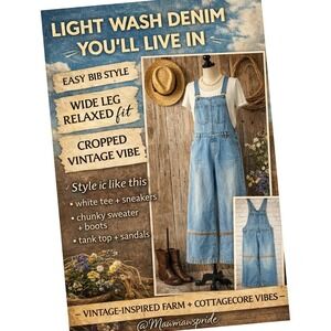 Riff Denim Wide Leg Overalls Light Wash Cropped Bib Jeans Women's Large
